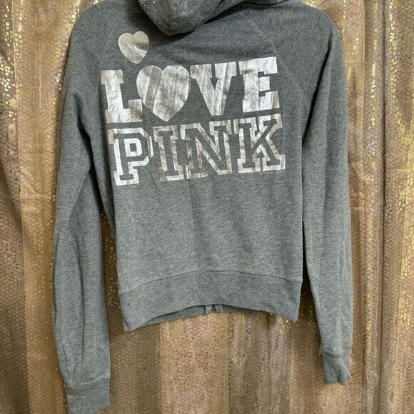 Y2K 2000s PINK Victorias Secret Gray Silver Rhinestone Hooded Zip Sweater XS - Picture 1 of 7